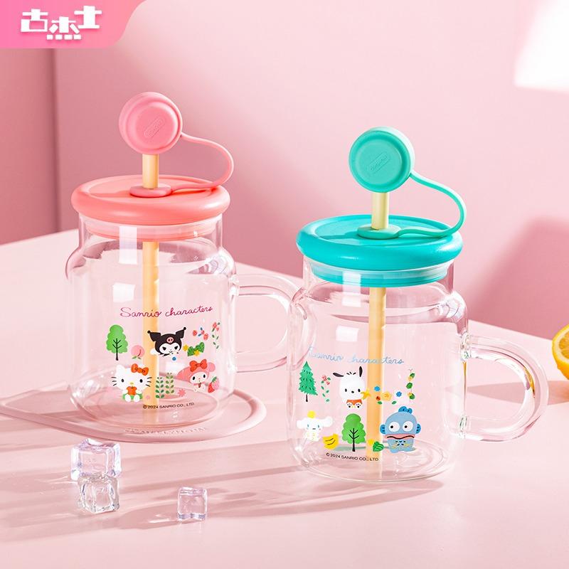 For Sanrio High Borosilicate Glass Straw Glass Cup Heat-resistant Water Mug with Handle Cartoon Pattern Cold&Hot Drink Juice Cup