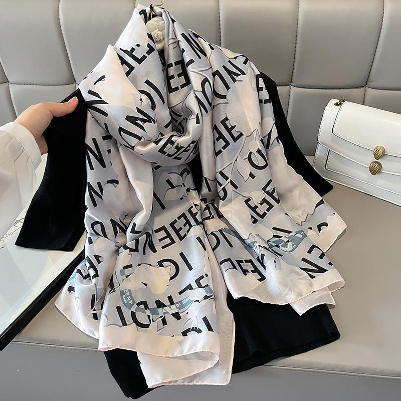 Fashion Printed Letters Hangzhou Silk Imitation Silk Lady's Temperament Long Towel Versatile Sun Protection Thin Style Warm Spring and Summer