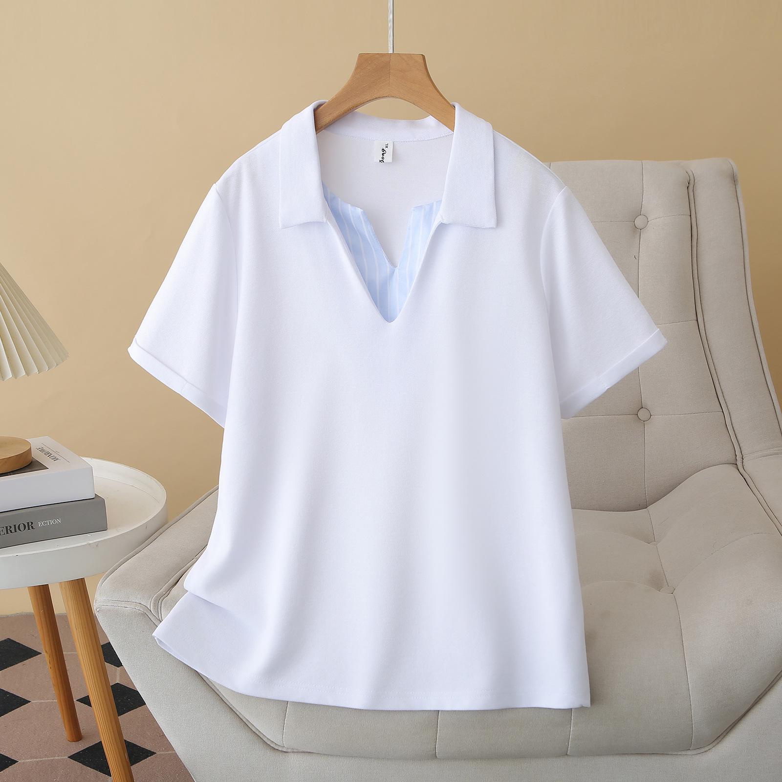 

Plus Size Women s Color Block V-Neck Polo Tee - Short Sleeve 2-in-1 Design 3XL белый