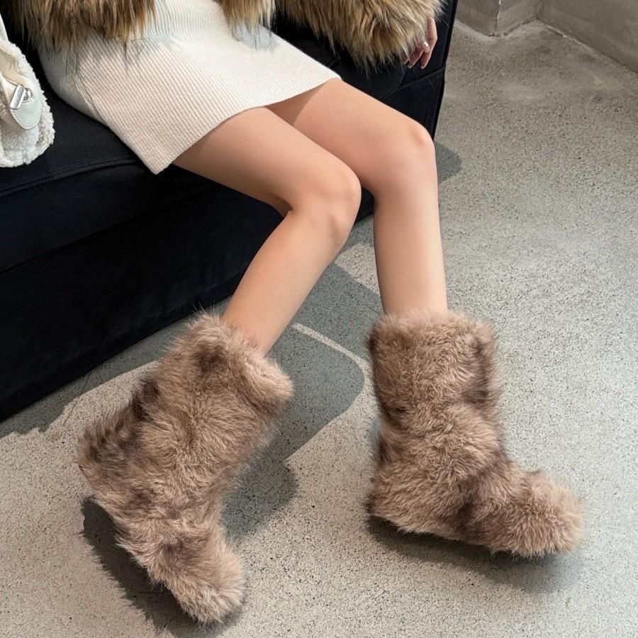 2025 new European and American fox hair y2k snow boots gal series medium boots Spice girl thick-soled fluffy boots