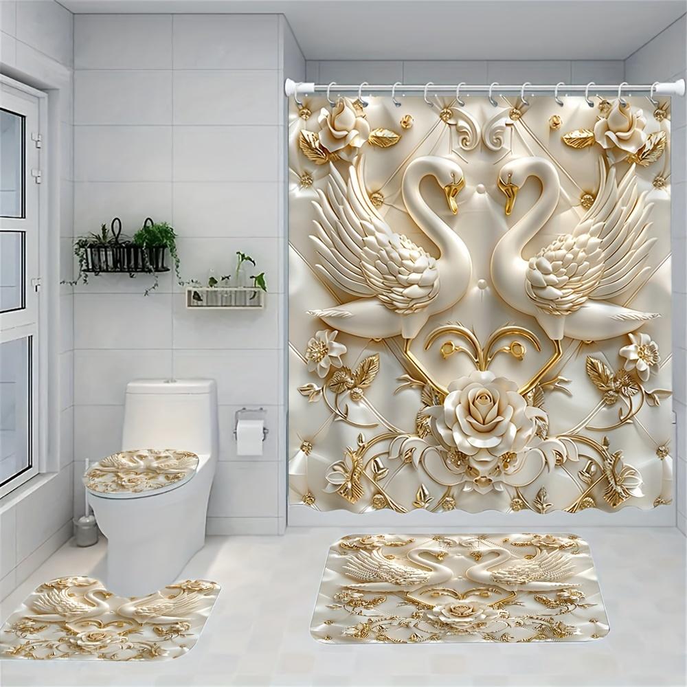 

Elegant 3D Swans And Roses Luxury Bathroom Set - Waterproof Shower Curtain, Toilet Lid Cover, Bath Mat, And Contour Mat W60H190(CM)-1 Pcs