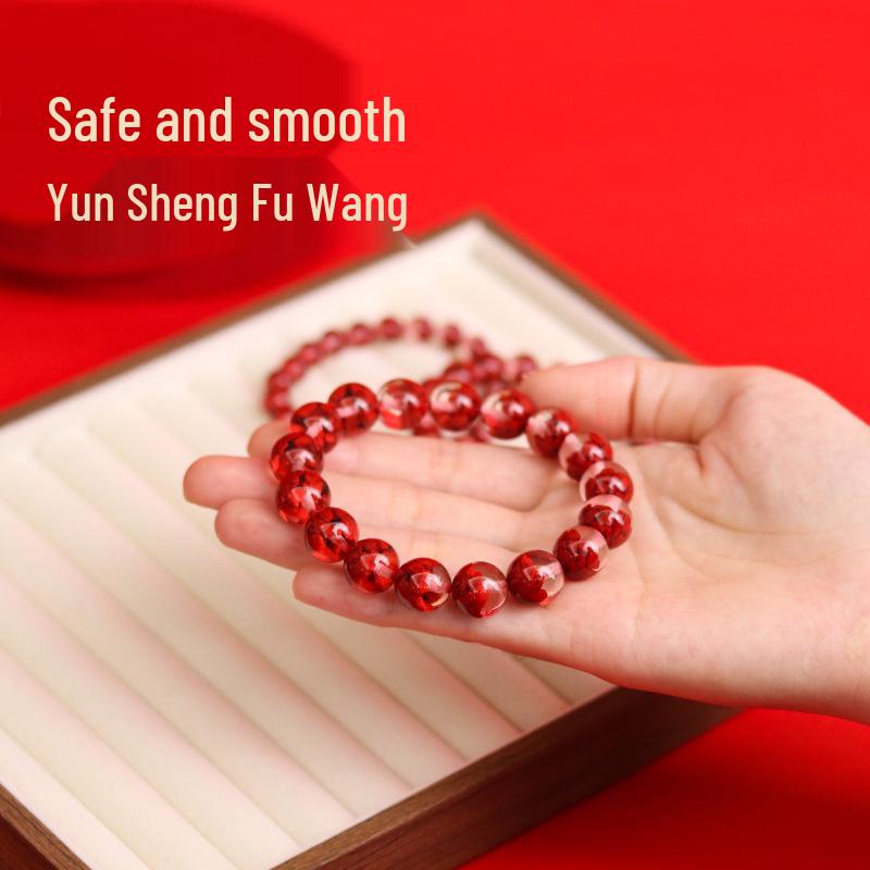 Lingxi Cinnabar & Mineral Crystal Bead Bracelet - Red Treasure Pot Design