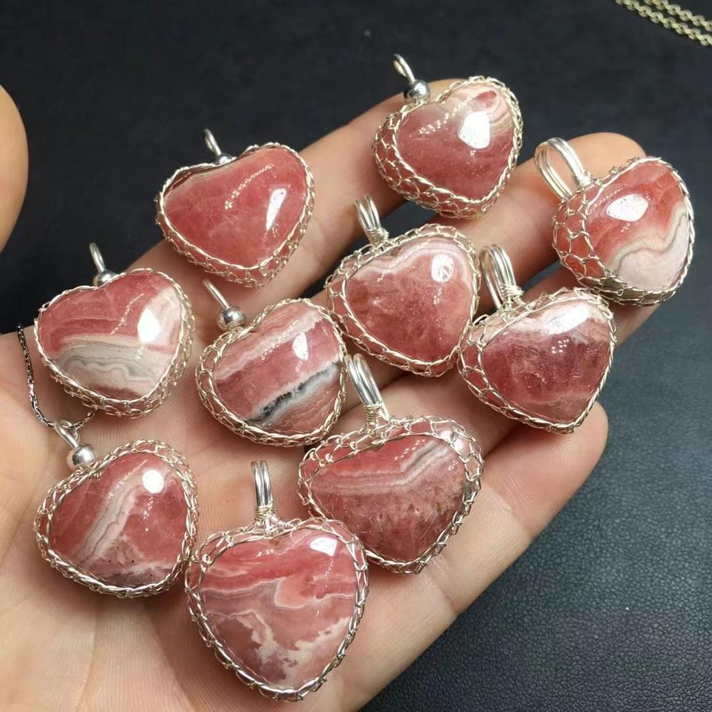 Healing Crystal Stones Fashion Jewelry Rhodochrosite Hand Wrapped Heart Pendant Necklace
