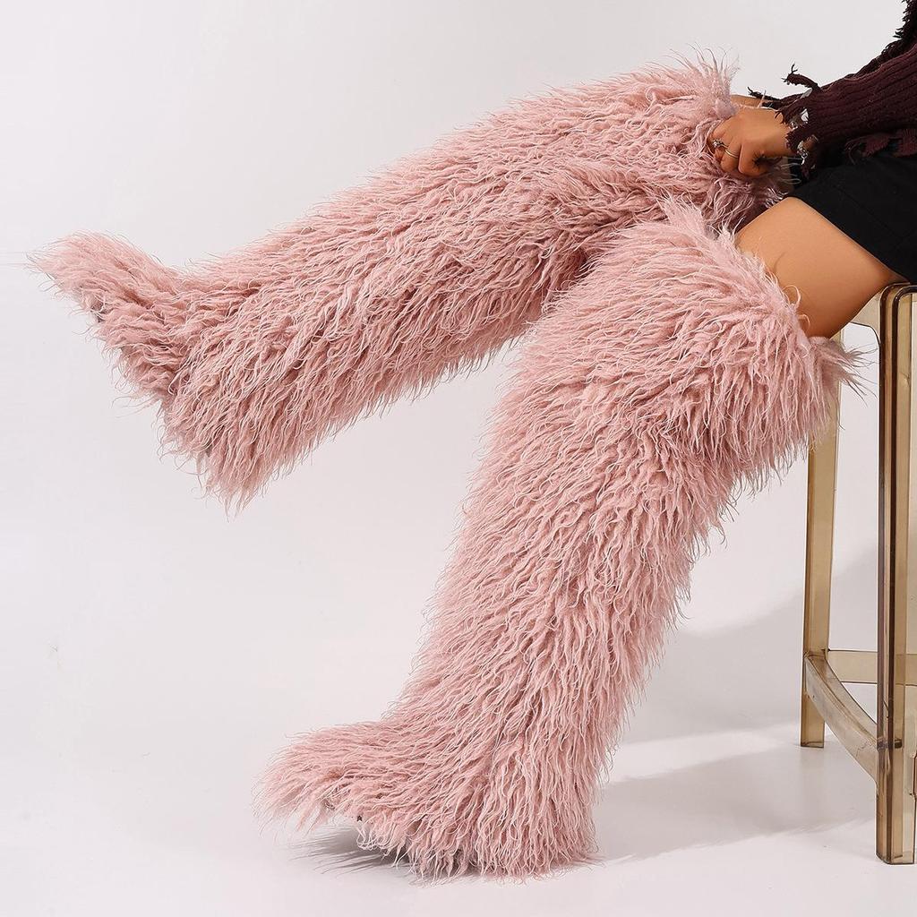 European-American 72cm Faux Tibetan Sheep Fur Thigh-High Snow Boots for Autumn & Winter