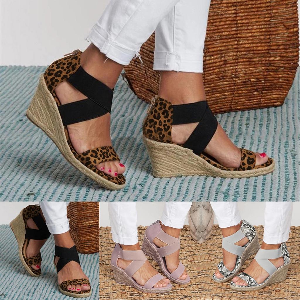 Women's Ladies Fashion Girls Leopard Wedges Sandals Elastic Casual Shoes