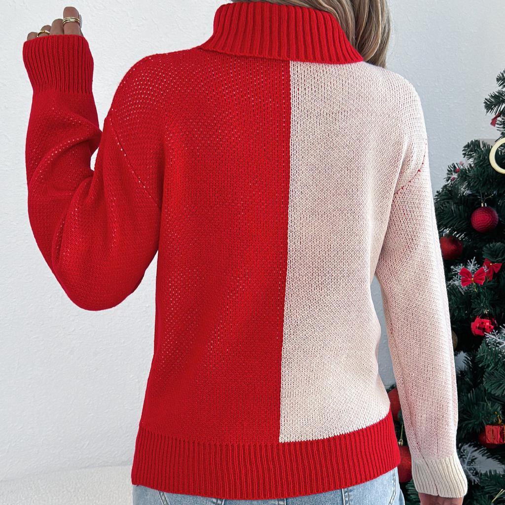 Winter and Autumn Color-Contrasting Deer-Lined Long-Sleeved High-Neck Pullover Sweater for Women - Christmas