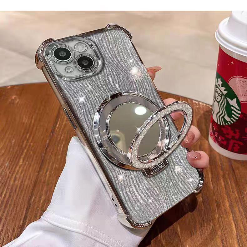 

Подходит для чехла для мобильного телефона Apple 16 13 Четыре угла Волнистый с блестками Зеркало Магнитный держатель-присоска Защитный чехол для iPhone15 14 iphone 11 серебряный