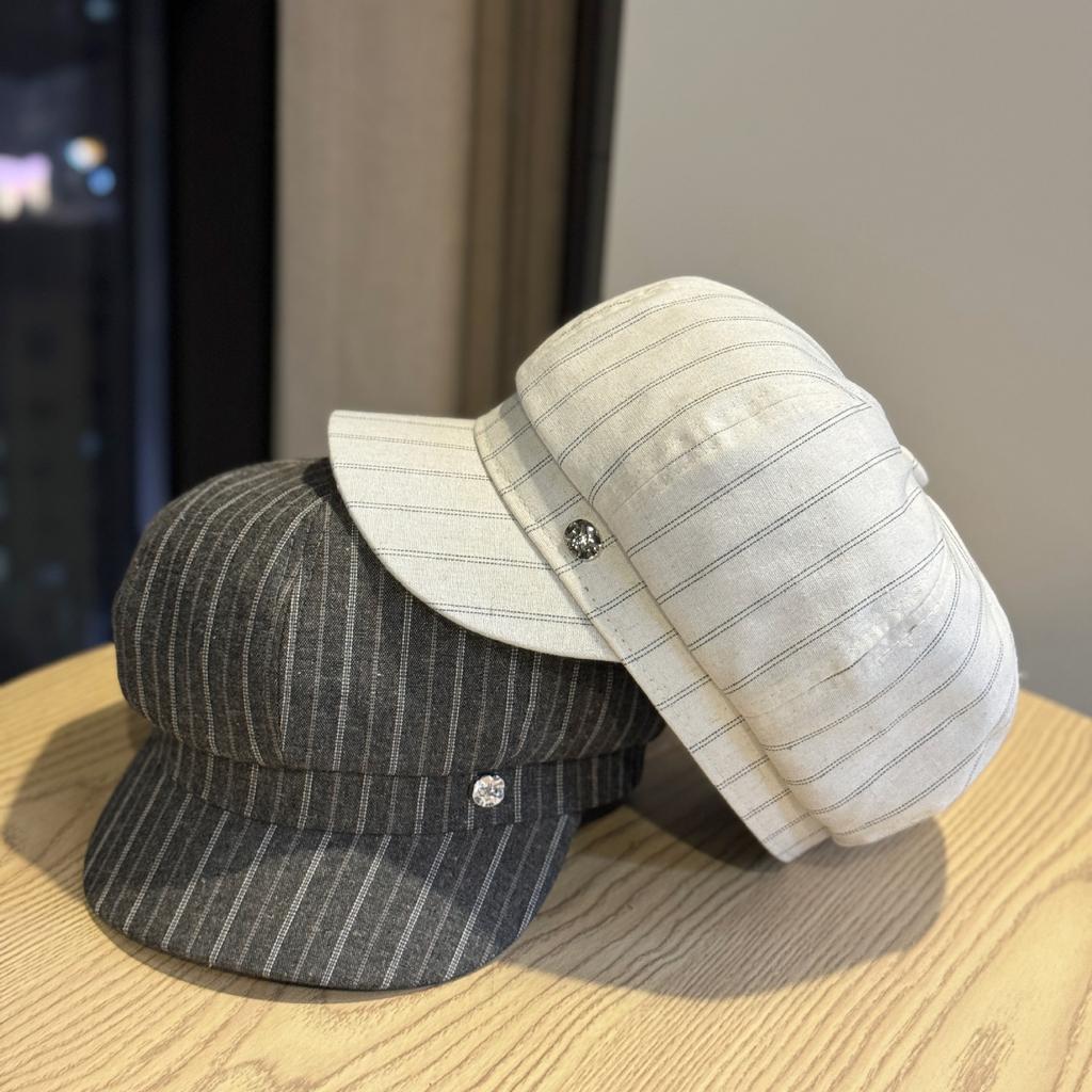 Vintage British striped beret women's spring and summer fashion versatile octagonal hat outdoor travel sun protection newsboy painter hat