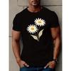 European Sizes Men's Short Sleeve T-Shirt with Daisies & Yellow Centers - Casual Summer Round Neck Top, Regular Fit Blouse for Casual Attire