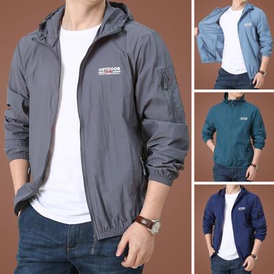 Men Summer Sun Protection Coat Hooded Drawstring Long Sleeve Anti-UV Jacket Letter Print Zipper Placket Windbreaker