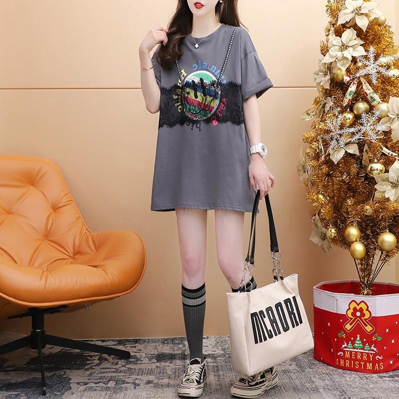 Women's Lazy Lace Stitching Round Neck Short-sleeved T-shirt Women's Summer Loose Slimming Top