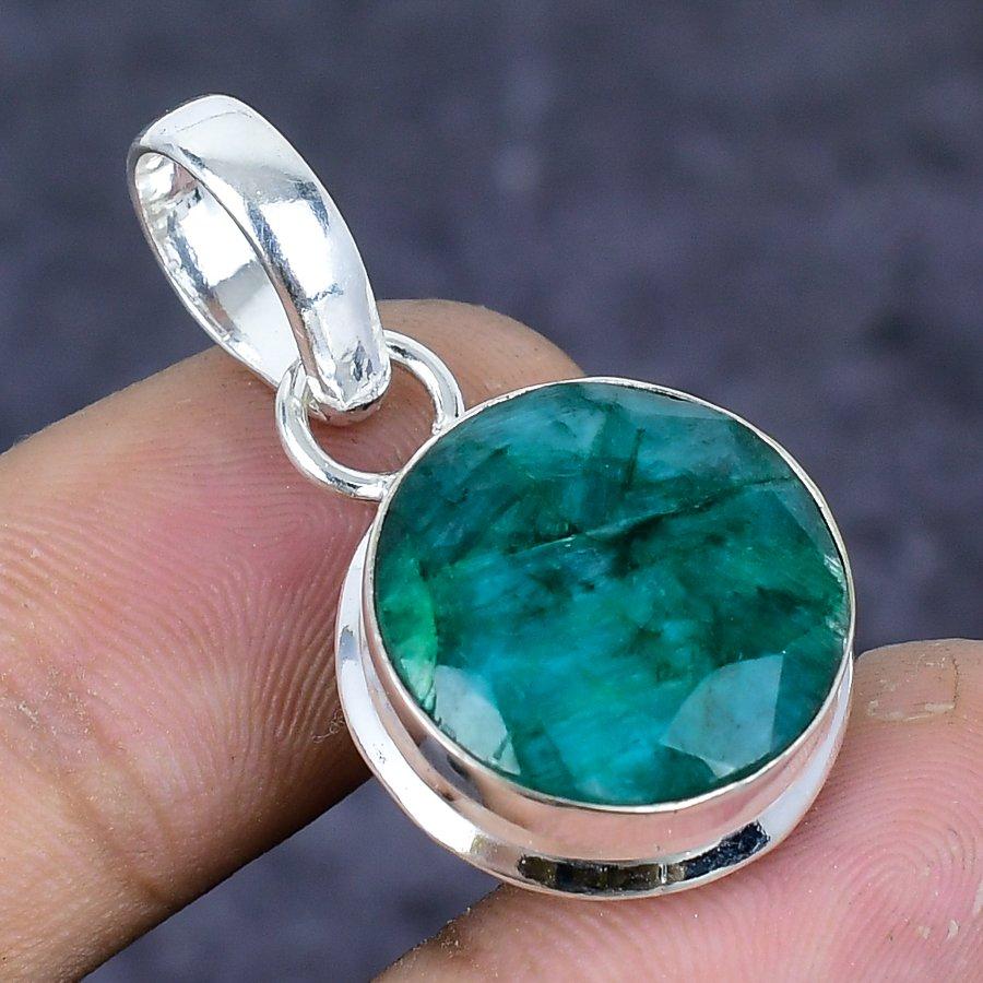 Skota Emerald(Simulated) Gemstone 925 Sterling Silver Jewelry Pendant 1.42" ETC-13811