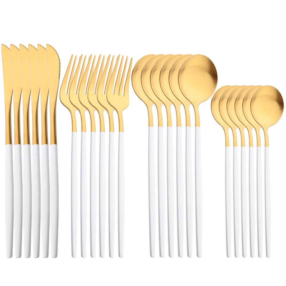 JANKNG 24Pcs Matte Dinnerware Golden Knife Fork Dessert Spoons Flatware Set Stainless Steel Cutlery Set Kitchen Silverware Set