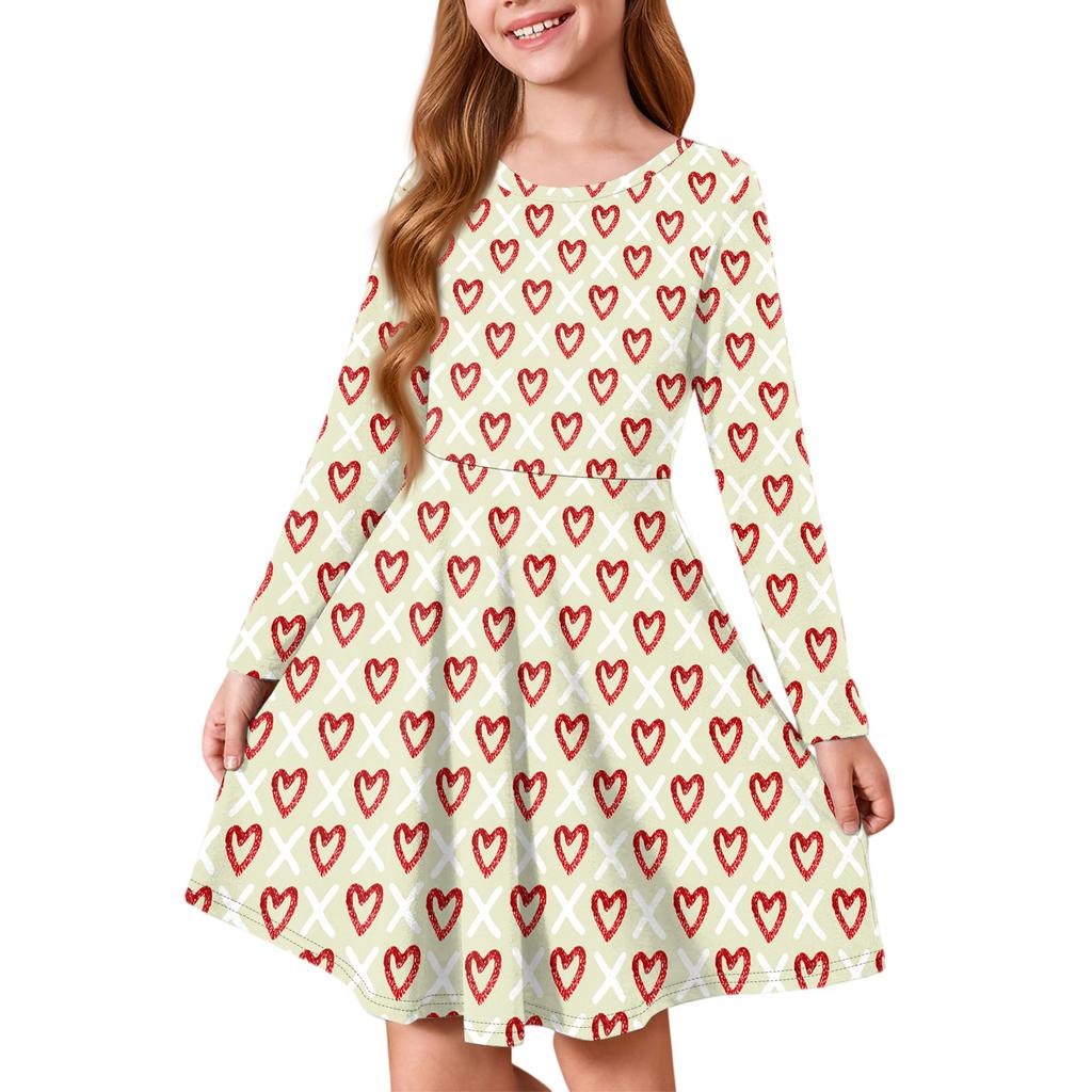 Girls' Summer Princess Dress - Long Sleeve A-Line T-Shirt Dress Valentine's Day