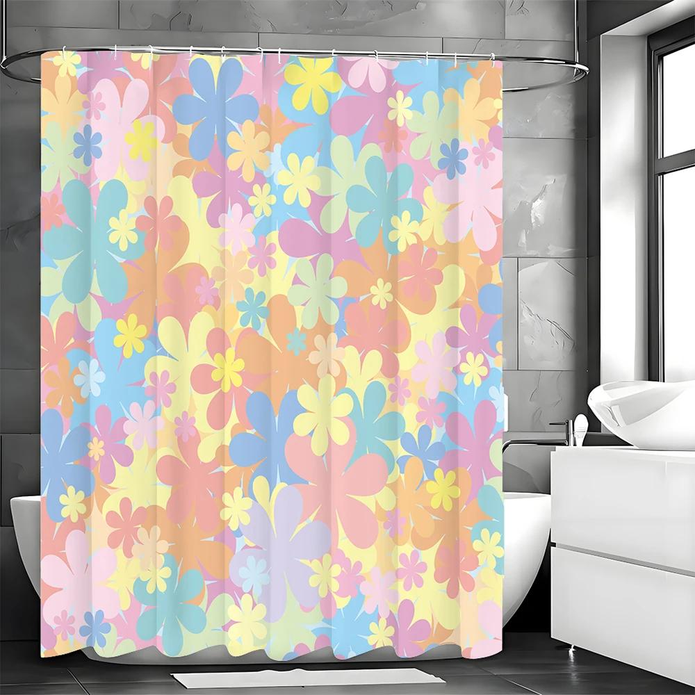 Colorful Floral Pattern Shower Curtain, Bathroom Decorative Shower Curtain, Waterproof Shower Curtain with Hooks