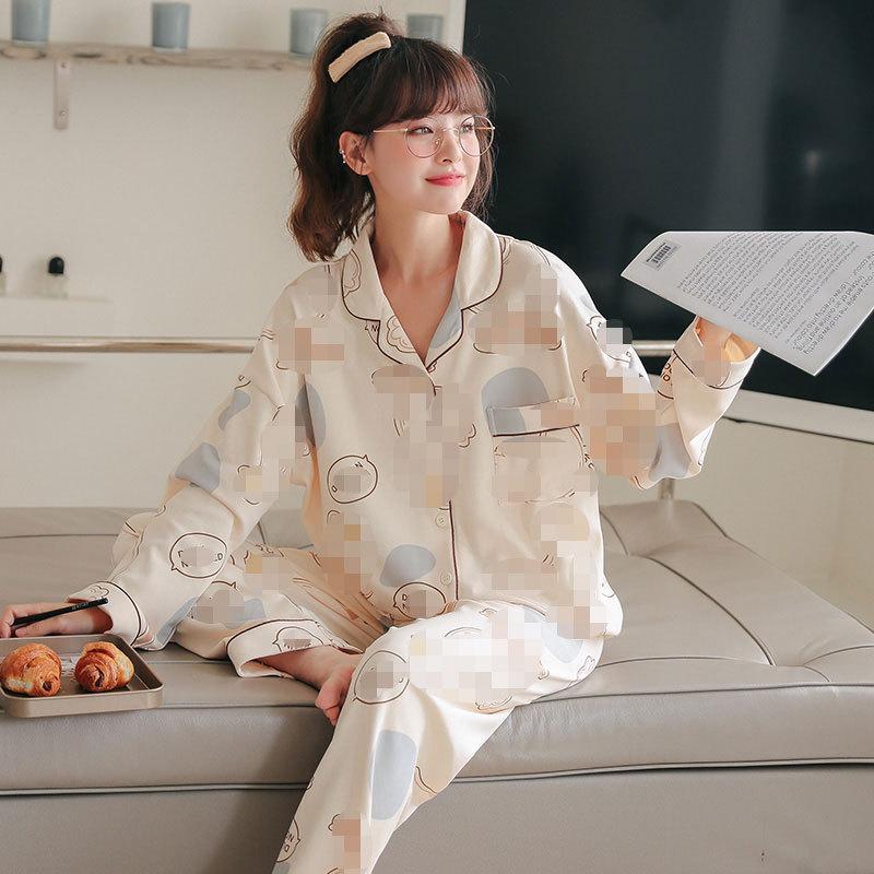 Spring And Autumn Pajamas Women'S Cardigan Long-Sleeved Trousers Korean Girls' Simple Cartoon Loungewear Suit Can Be Worn Outside