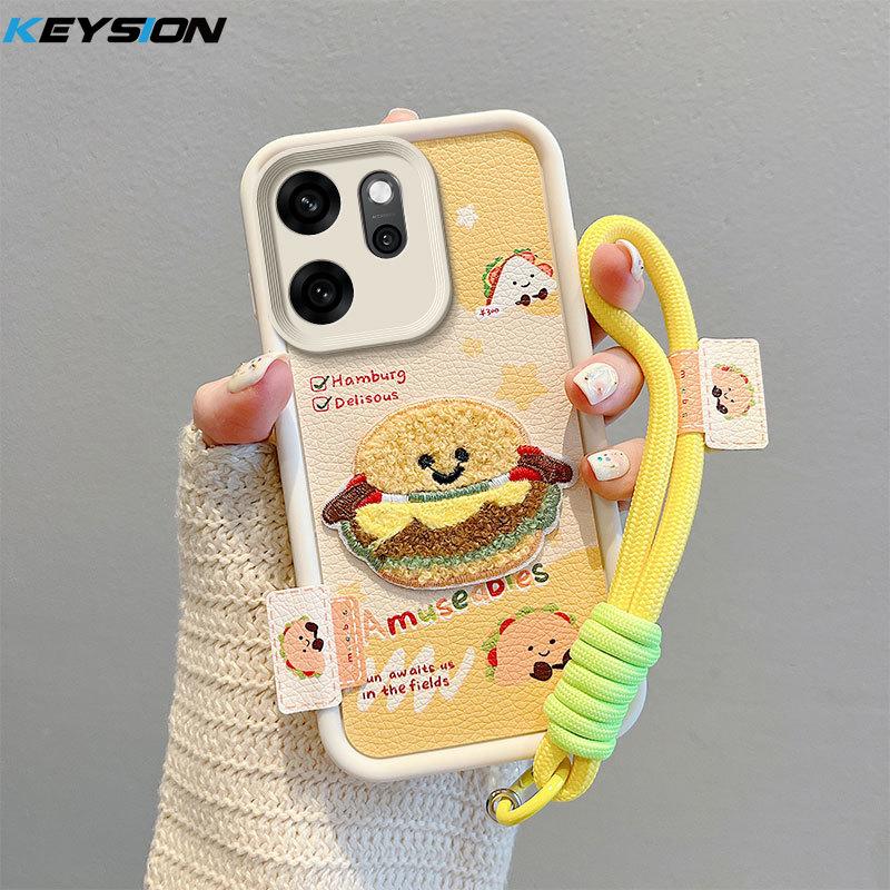 KEYSION Cartoon Cute Plush Embroidery Case for OPPO Reno14 F 5G with Lanyard Silicone Shockproof Phone Cover for OPPO Reno 14F 5G