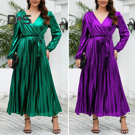 

Платье для выпускного вечера с V-образным вырезом, плиссированное, с поясом, облегающее, с высокой талией, длинным рукавом, мягким А-силуэтом, свободным подолом, однотонное вечернее платье длиной до щиколотки 2XL зелёный