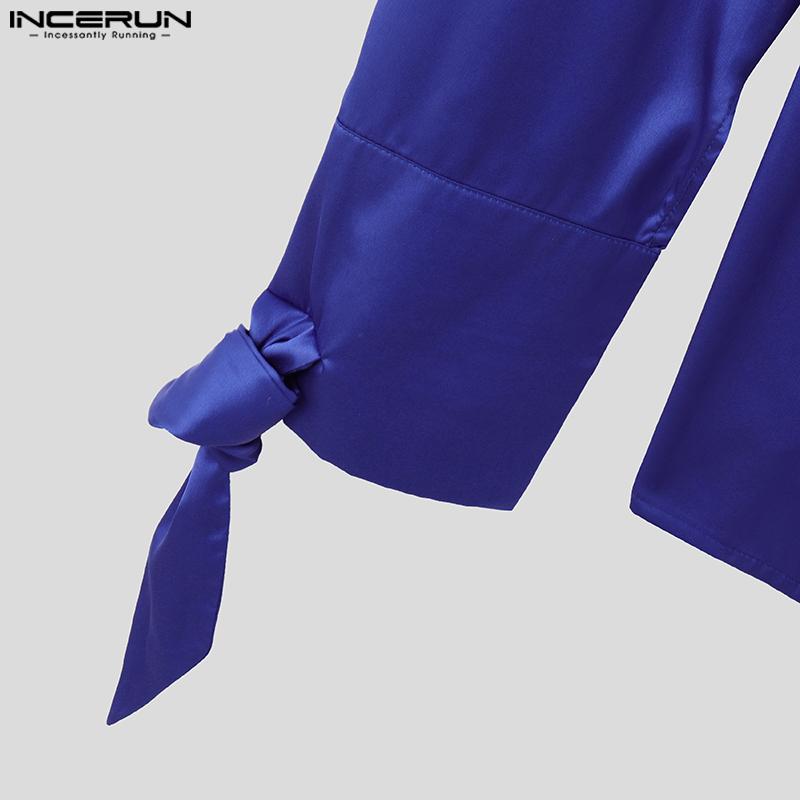 INCERUN Men Long Sleeve Cutout Satin Shirts Casual Solid Color Tops