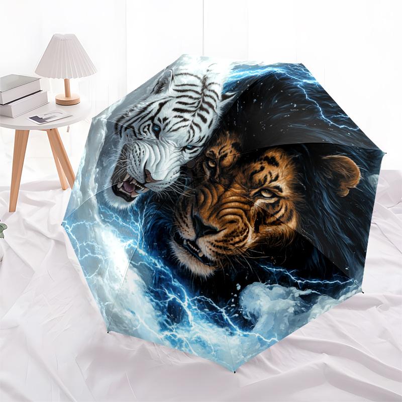 1 PC Automatic Folding Umbrella - Yin Yang Tiger Lion Pattern, Portable & Foldable Design with 8 Ribs, Christmas Birthday Gifts