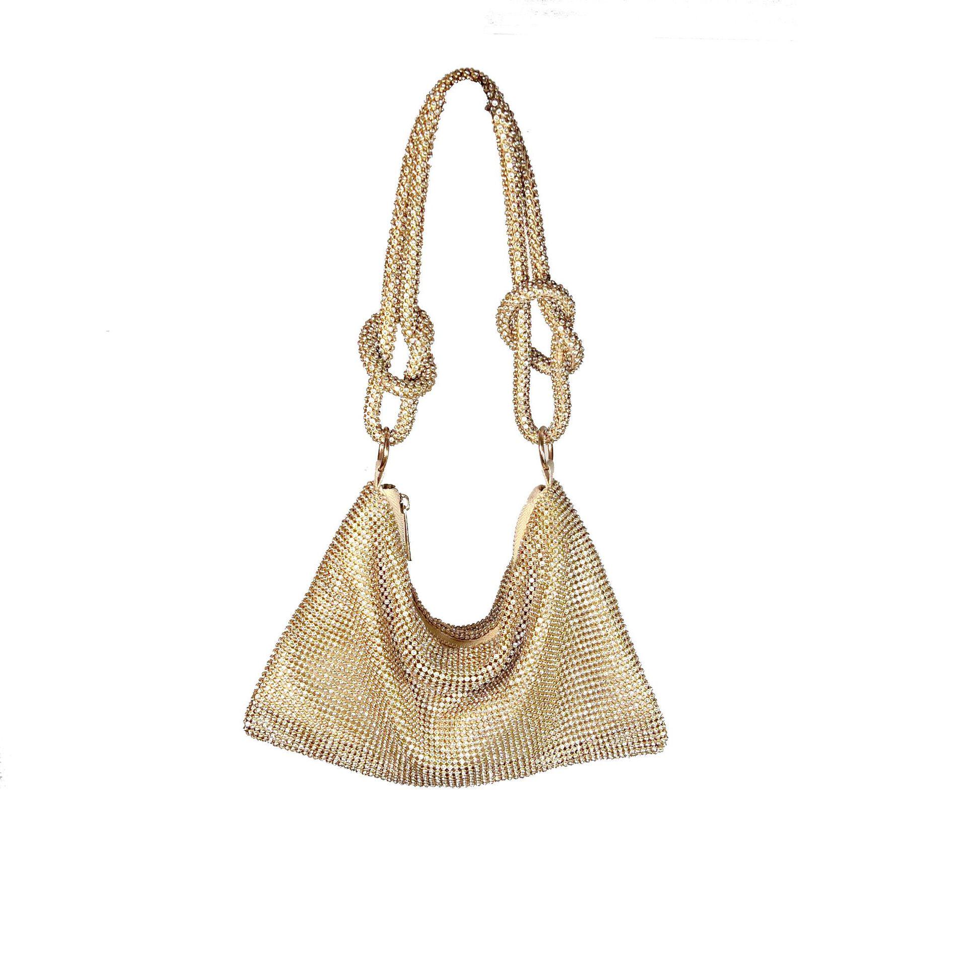 

Вечірня сумка ручної роботи з вузлом зі стразів та алюмінієвим глітером золотий