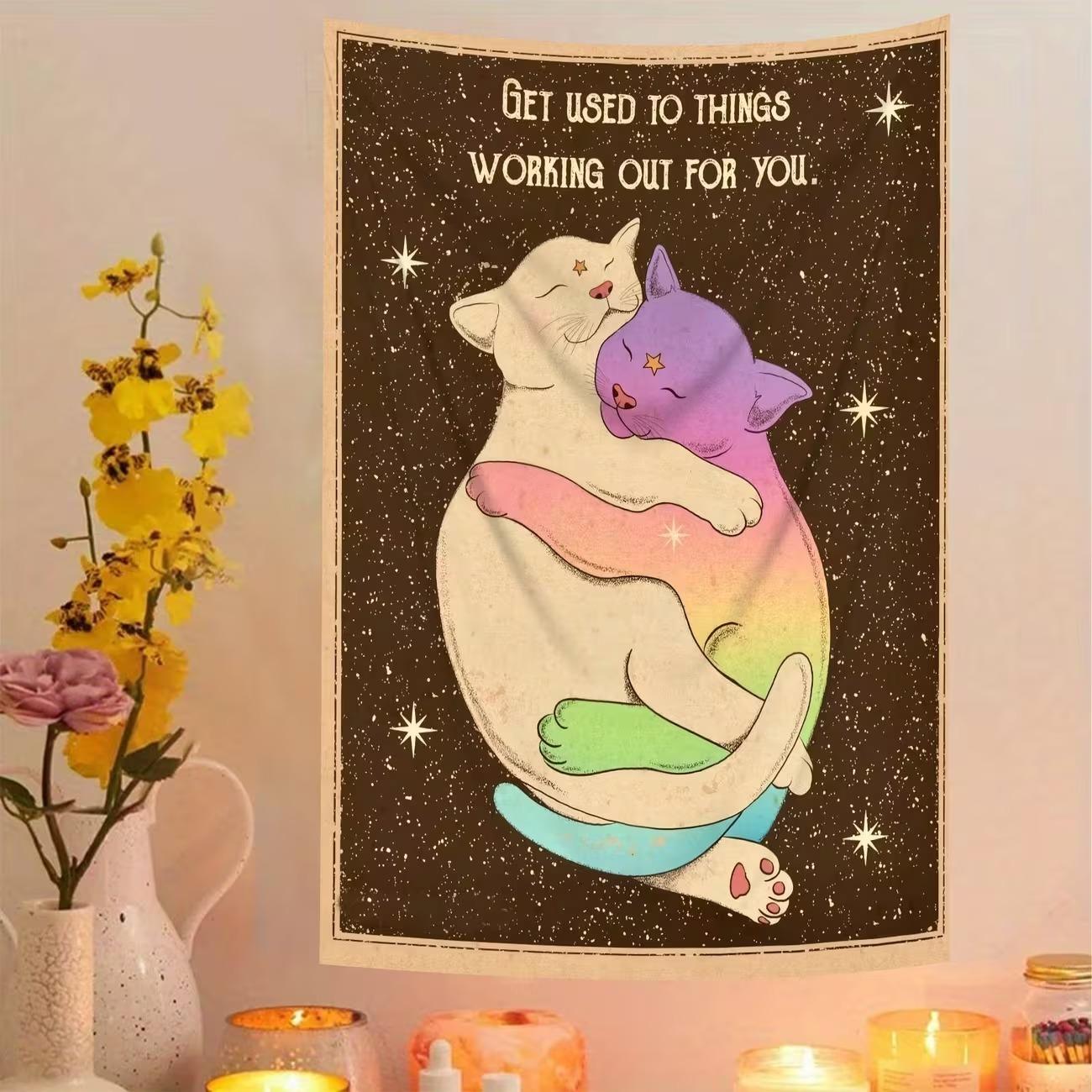 Cute Cat Tapestry - Inspirational Quotes Wall Decor - Healing Aesthetic Decoration - Retro Astrology Tapestry 100X70CM