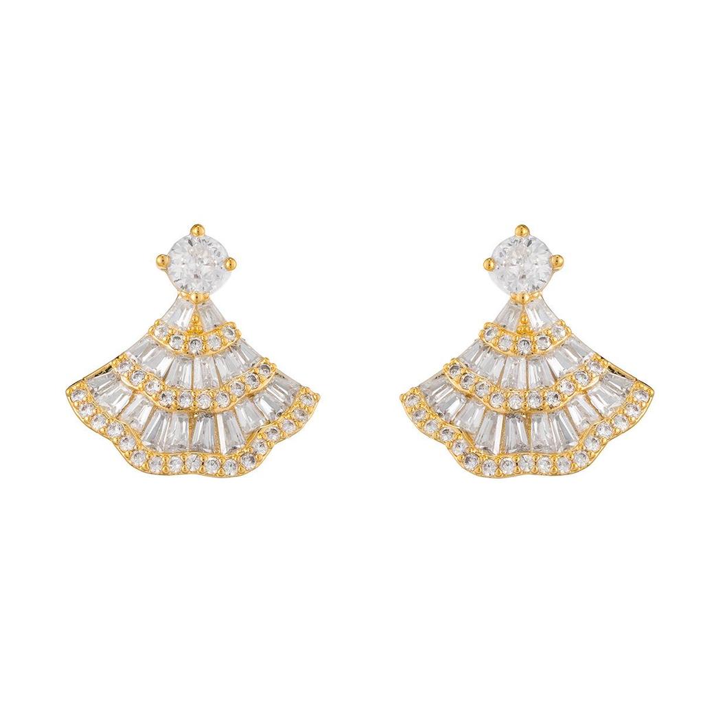 Elegant Fan-Shaped Zircon Stud Earrings - Versatile, Fashionable, Super Shiny S925 Silver for Women