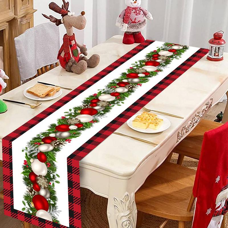 Christmas Ball Buffalo Plaid Table Runner Merry Christmas Decorations For Home Decor Xmas Table Flag Cover Gifts Happy New Year