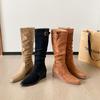 New spot British style suede high heel boots children 2025 autumn and winter new belt buckle thick bottom wedge heel tall tube