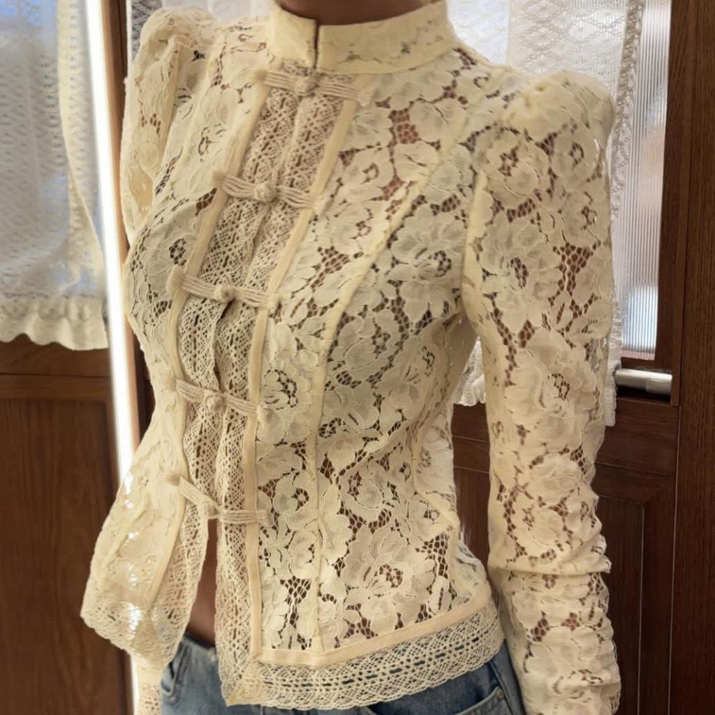 Summer New Women's Lace Crochet Stand Collar Slim Fit Blouse Fashion Elegant Commuter Shirt