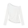 Sweet Slanted Shoulder Lace Splicing Long-sleeved Shirt Women's Early Autumn New Off-the-shoulder Slim-fitting and Thin Inner Top Tide