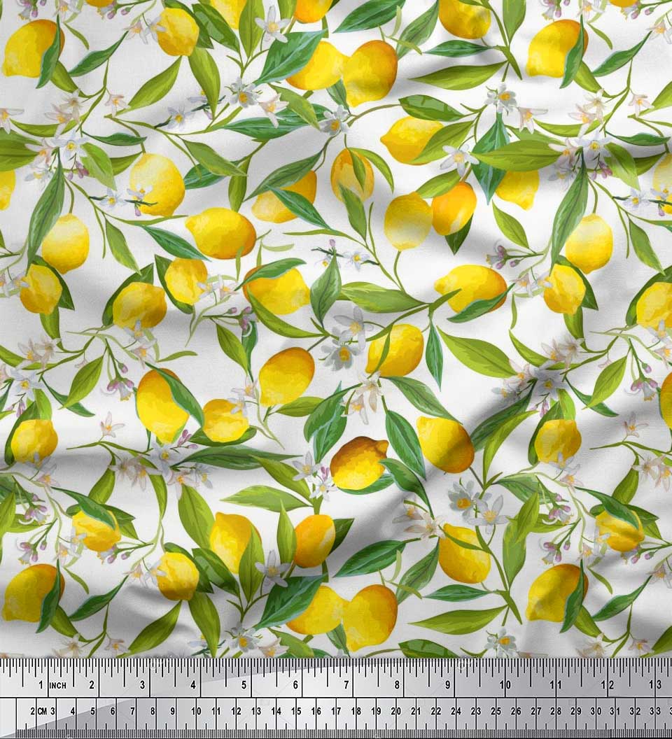 

Тканина Soimoi Japan Crepe Satin Leaves, Floral & Lemon Vegetable Print Тканина на метри 42 дюйма 42 Inch Wide - Poly Crepe білий