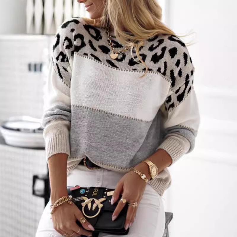 Women's Color Block Leopard Print Pullover: Long-Sleeved Casual Sweater for Autumn & Spring