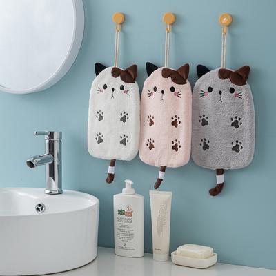 1Pcs Cute Cat Embroidered Hand Towel Dual Purpose Hanging Type Absorbent Coral Velvet Hand Towel Bathroom Supplies Home Decoration