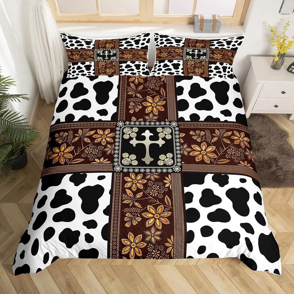 Cow Print Duvet Cover Queen Vintage Floral Bedding Set For Girls Boys Men Western Farmhouse Animal Bull Cattle Skin Quilt Cover