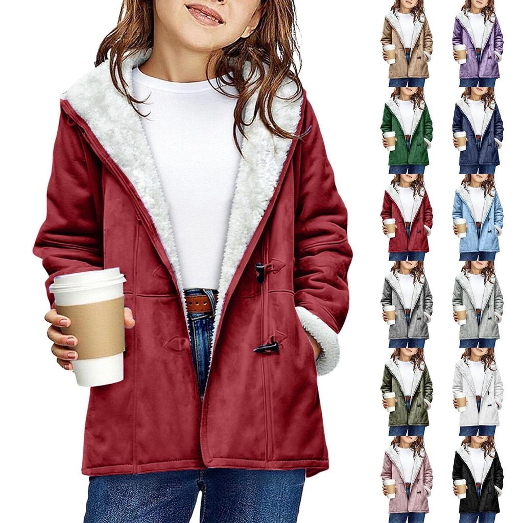 Kids' Fashion Solid-Color Cute Hooded Jacket Warm Long-Sleeve Coat For Fall And Winter