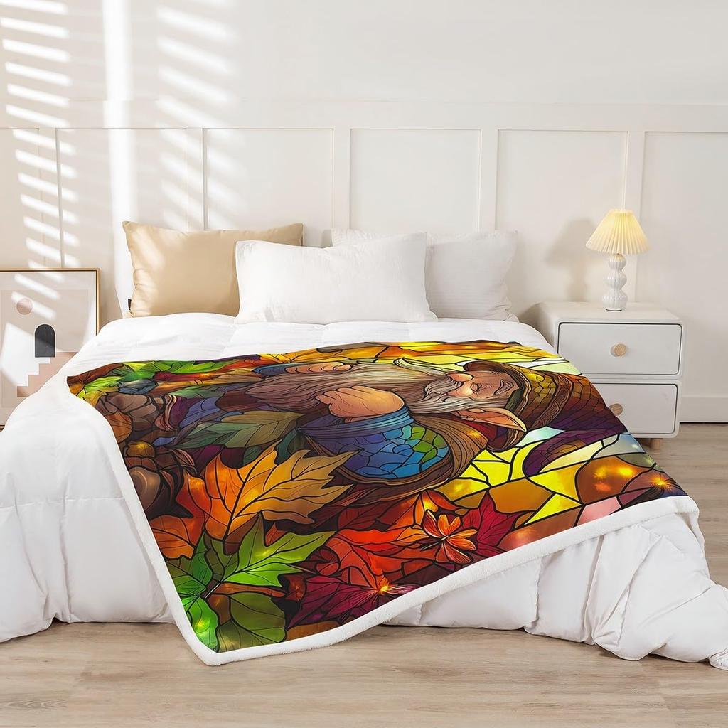 Fall Gnome Throw Blanket Twin Autumn Maple Leaf Fleece Blanket Exotic Style Hippie Dwarf Sherpa Blanket Thanksgiving Harvest