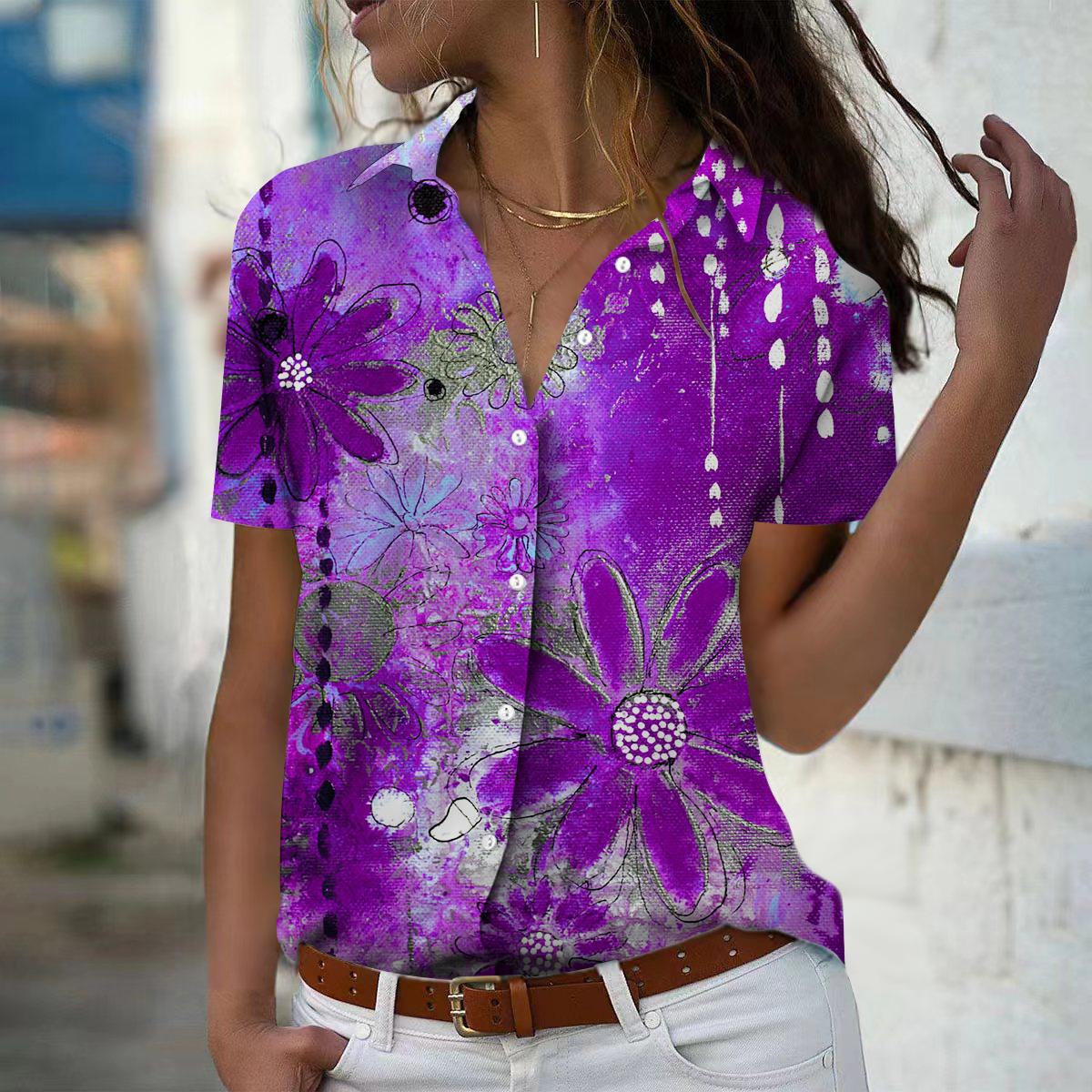 

Лето 2025 Новая Мода Женская Блузка с Коротким Рукавом и V-образным Вырезом на Пуговицах с Цветочным Принтом 3XL фиолетовый