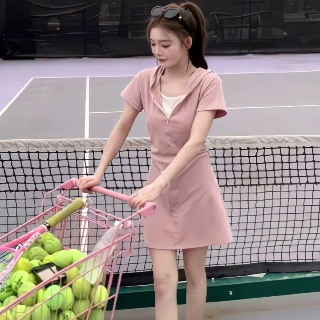 Hooded French Patchwork Waist-Cinched Slimming Dress - Summer 2026 Collection Small 80-95 lbs розовый