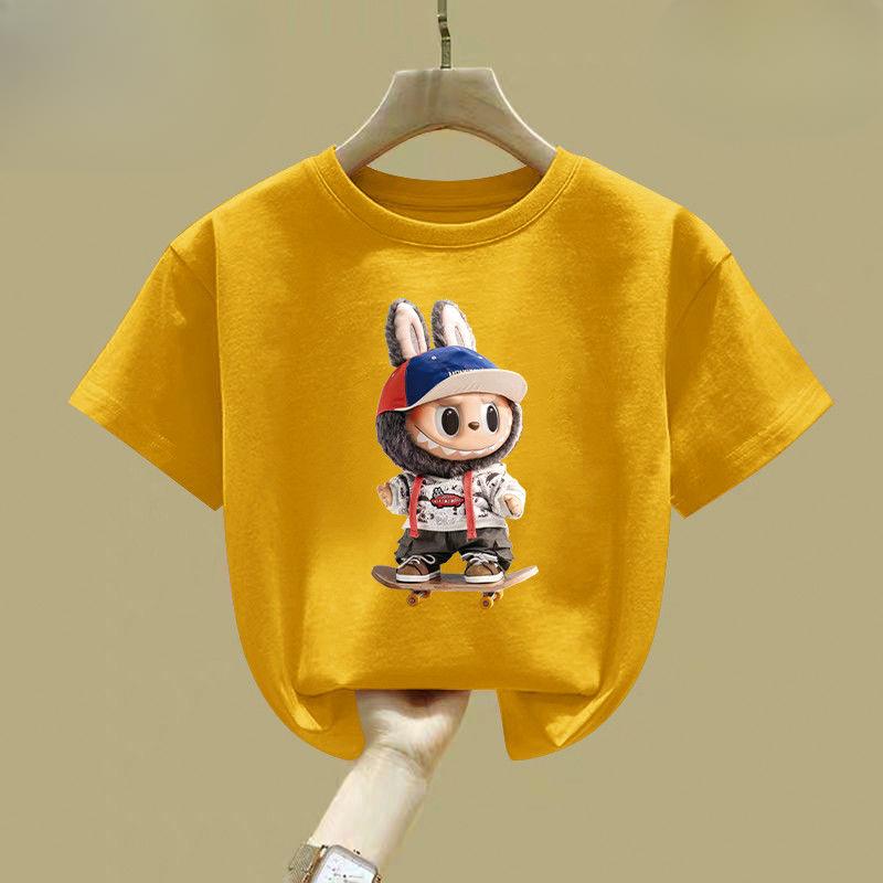 

Милые футболки с Лабубу для девочек и мальчиков, летние детские футболки с коротким рукавом из чистого хлопка с круглым вырезом, свободные топы 150