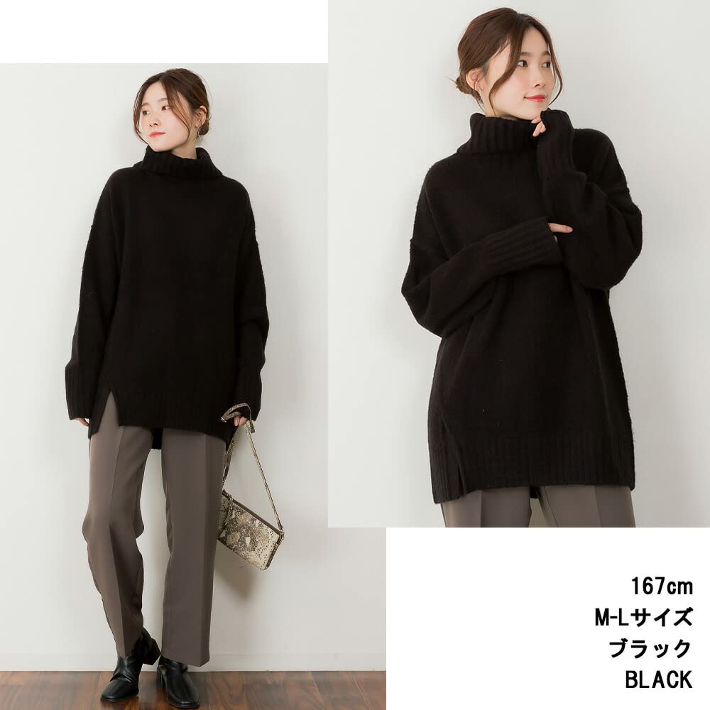 Side Slit Black [atONE] ATN-0026 Off-Neck Sweater, Women's, M-L,