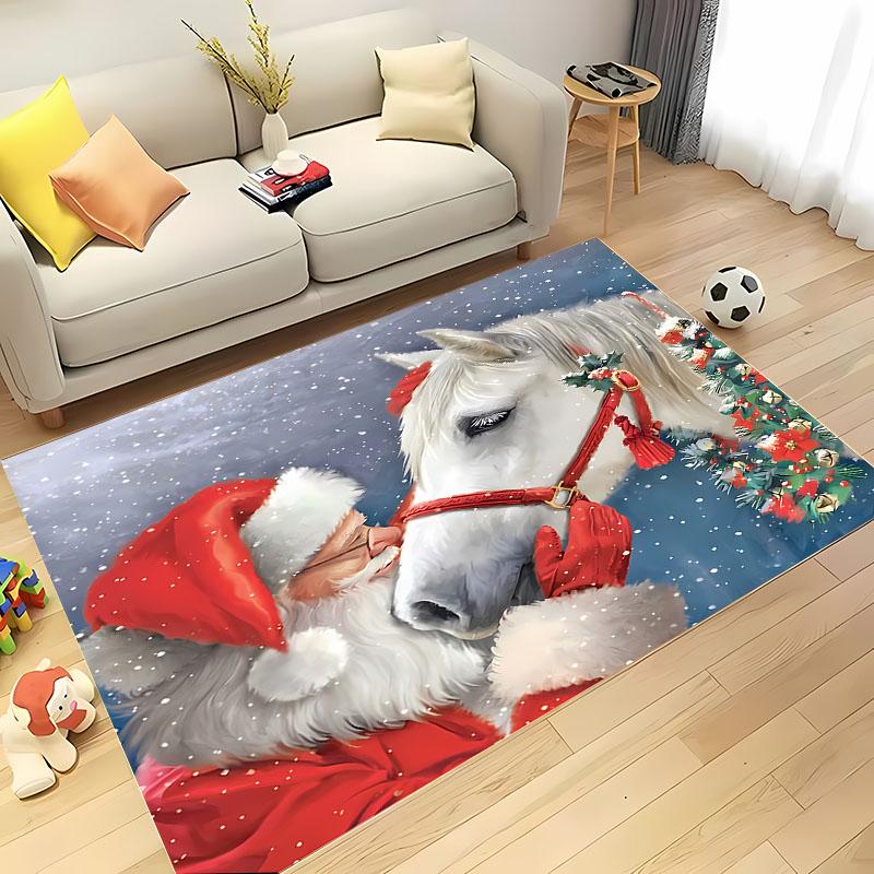 3D tištěný vánoční koberec s koněm pro domov, obývací pokoj, dětskou ložnici, pohovku, rohožka, kuchyňský podlahový koberec, protiskluzová dekorační podložka, teplý dárek