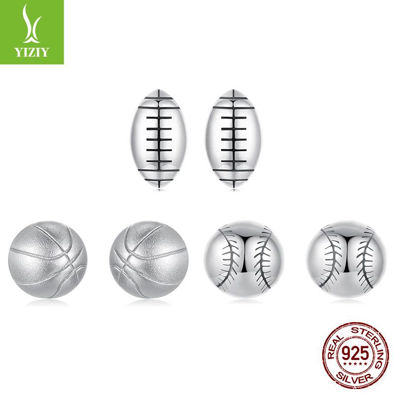 S925 Sterling Silver Basketball Stud Earrings For Men And Women, Personalized Ball Sports Style Baseball Stud Earrings