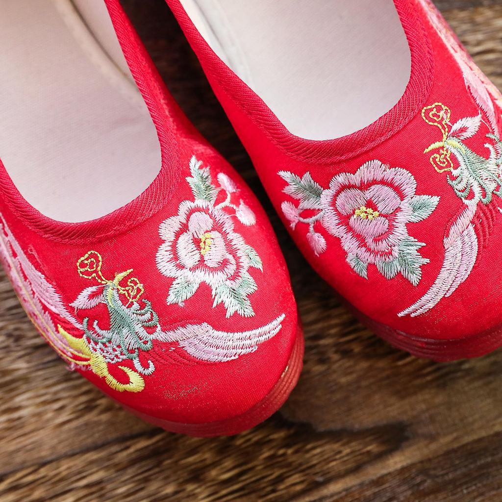 Bridal Shoes, Hanfu Shoes, Round Head, Red Sole Gold Silk Embroidered Xiuhe Wedding Dress Cloth Shoes Single Shoes Embroidered Cloth Shoes Women's Sh