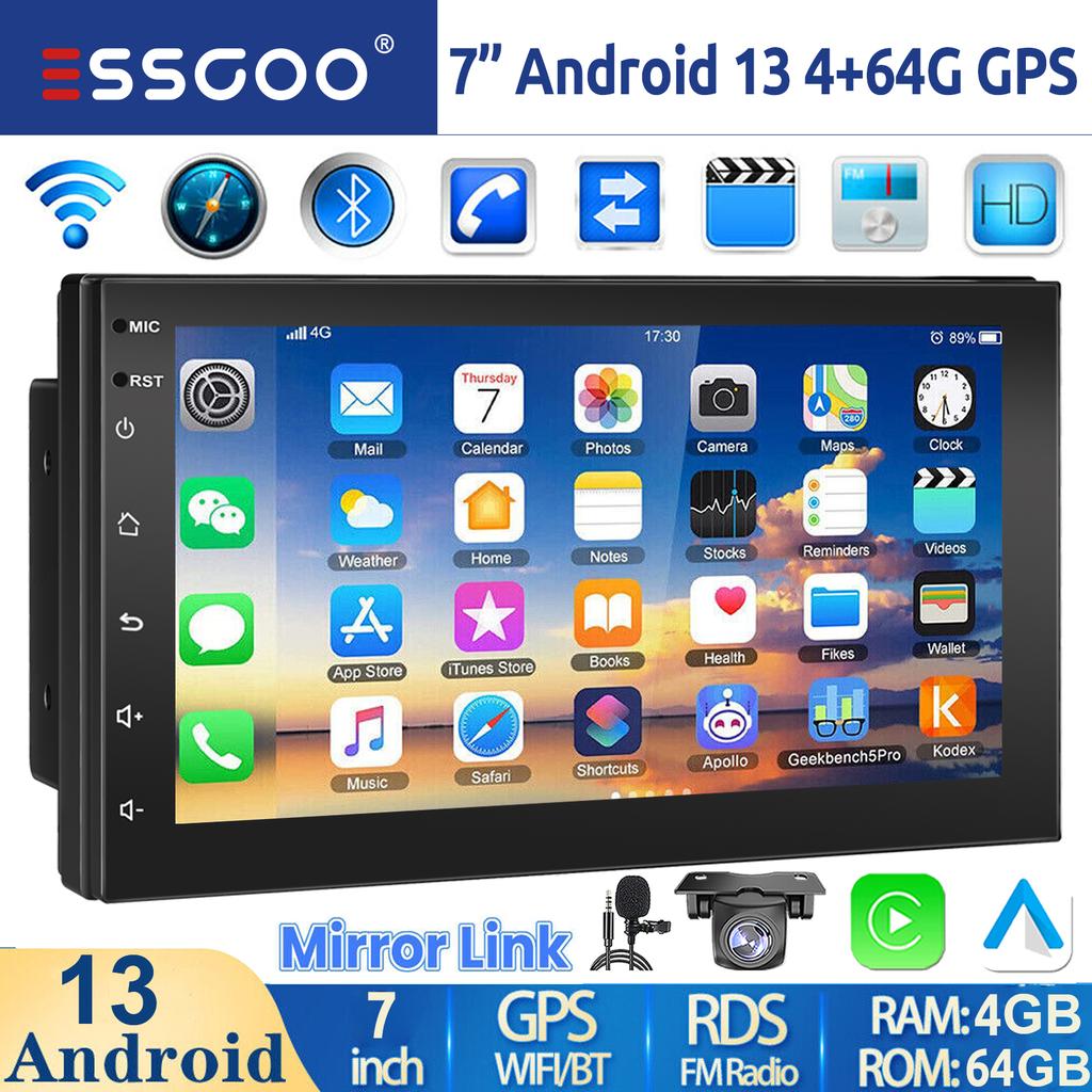 ESSGOO 7"/9"/10“ 2 DIN Android 13 4+64G Car Stereo Carplay Android Auto GPS Navigation Bluetooth FM RDS Radio WIFI Touchscreen