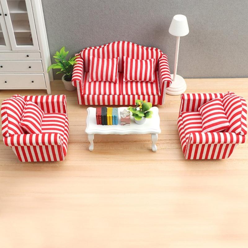 Fashion 1/12 Dollhouses Furniture Double Couch Armchair Figurine Set For Miniature Living Room and Bedroom Decoration
