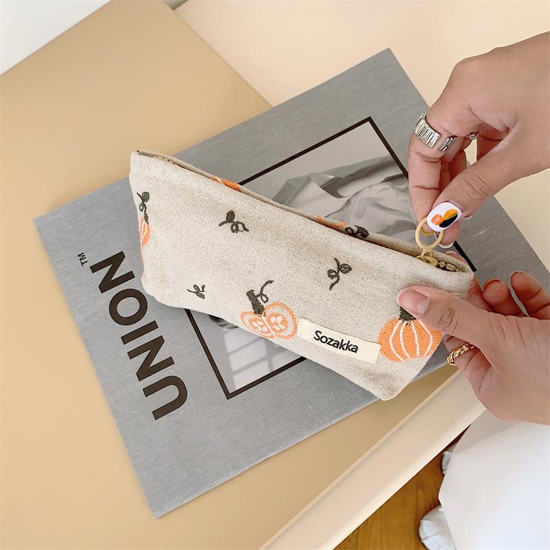Trendy Canvas Tote Bag With Pumpkin Embroidery Large Capacity Beige Handbag