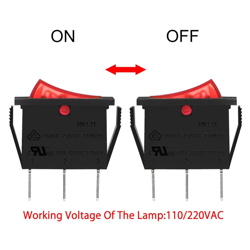 Heschen Rocker Switch ON-Off SPST 3 Terminals Red Light 16A 250VAC 5Pack