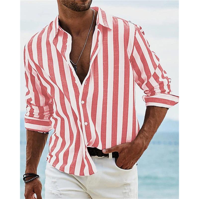 Men's Long sleeved Blue Stripe Printed Shirt Social Luxury Men's Wear Hawaii Elegant Classic Fashion Solid Color