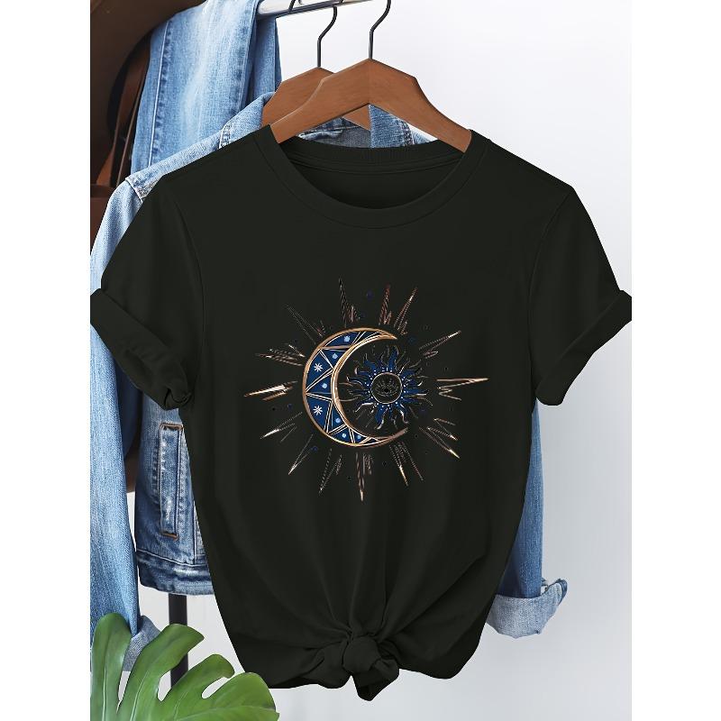 European Size Sun and Moon Series Printed Short-Sleeve T-Shirt